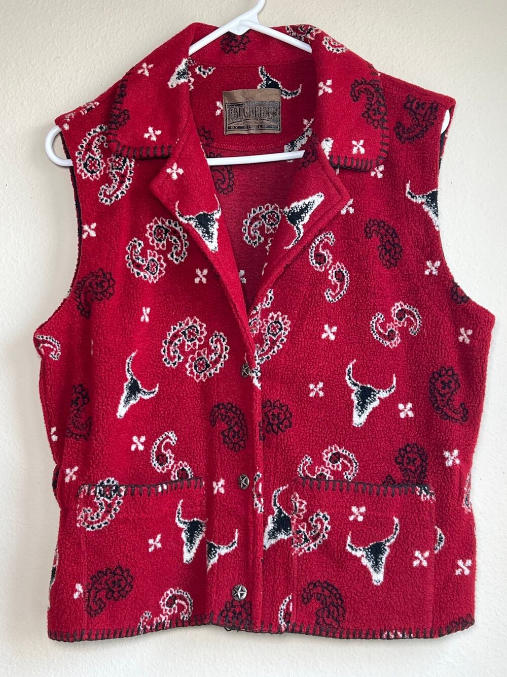 Vintage 90s Roughrider By Circle T Medium Red Longhorn Paisley Fleece Vest